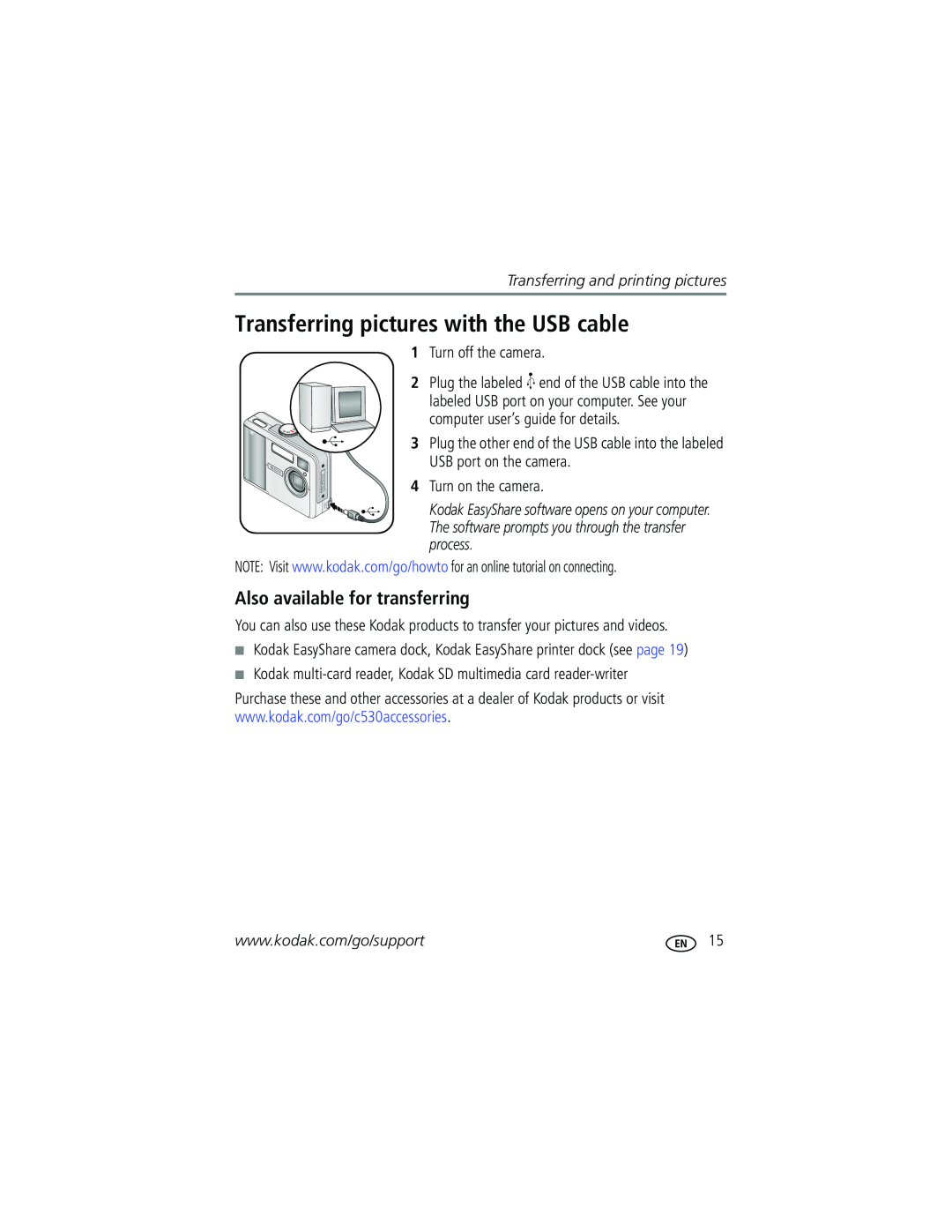 Kodak CD50, C315, C530 manual Transferring pictures with the USB cable, Also available for transferring 