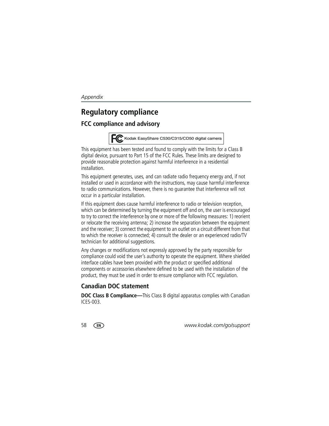 Kodak C315, CD50, C530 manual Regulatory compliance, FCC compliance and advisory, Canadian DOC statement, Appendix 