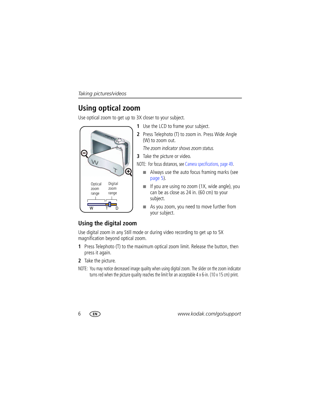 Kodak CD703 manual Using optical zoom, Using the digital zoom, Use optical zoom to get up to 3X closer to your subject 