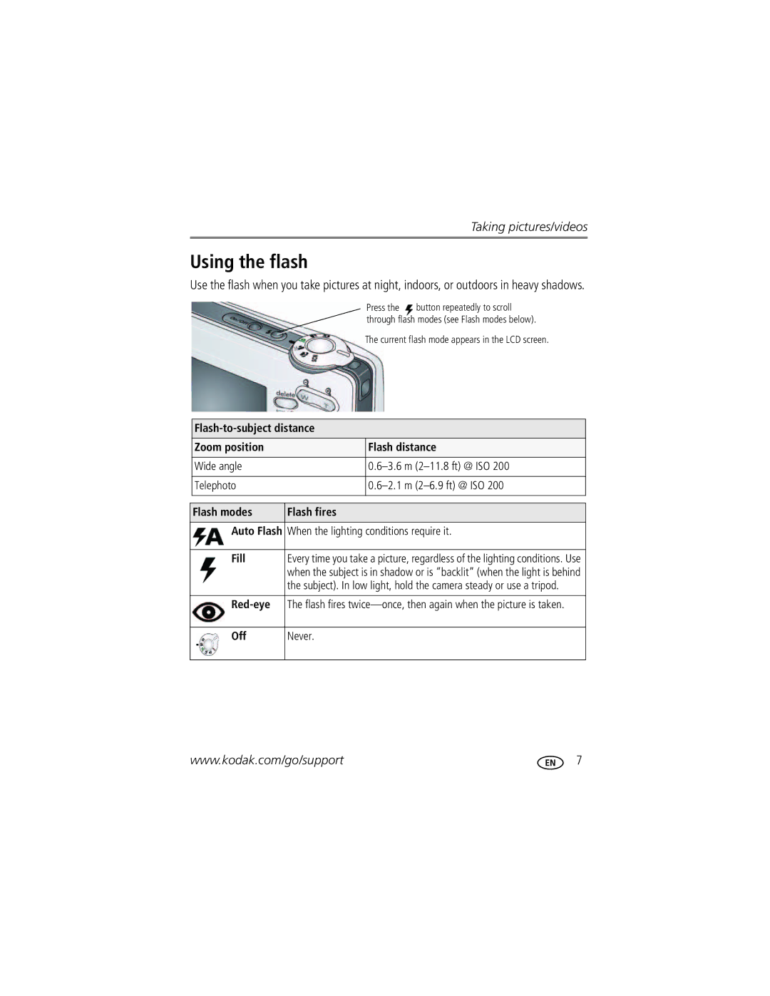 Kodak CD703 manual Using the flash 