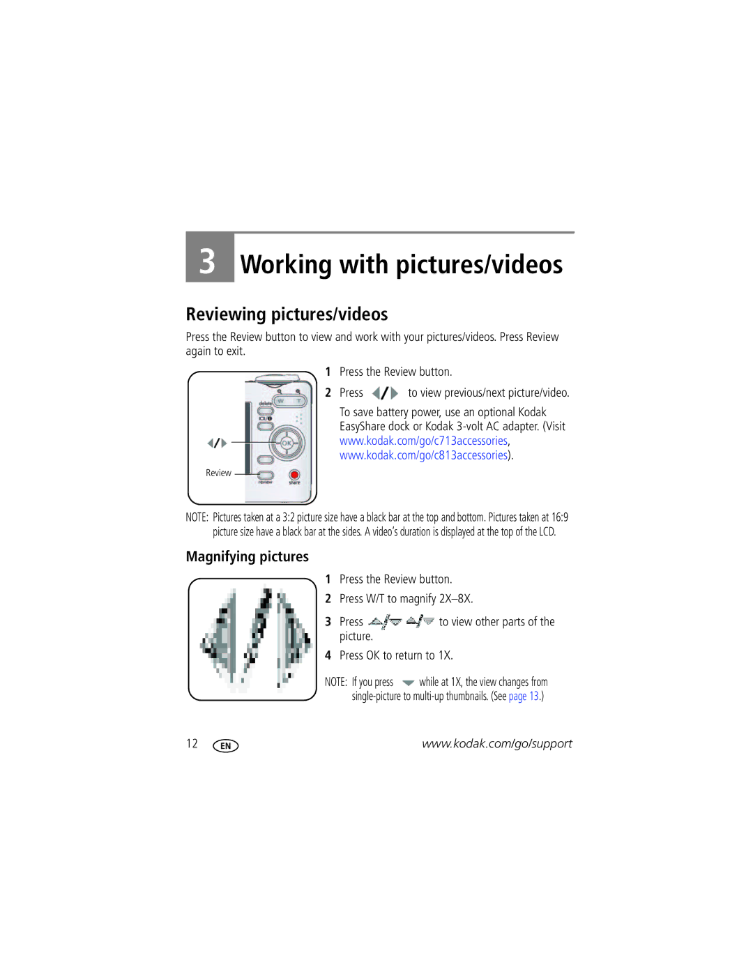 Kodak CD703 manual Reviewing pictures/videos, Magnifying pictures, To save battery power, use an optional Kodak 
