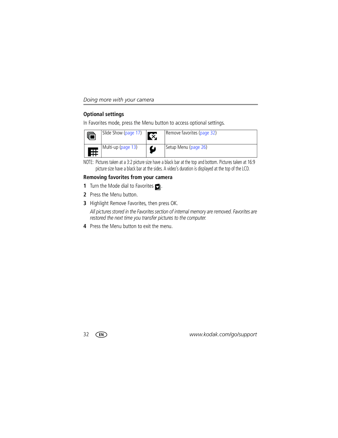 Kodak CD703 manual Optional settings, Removing favorites from your camera, Slide Show Remove favorites Multi-up Setup Menu 