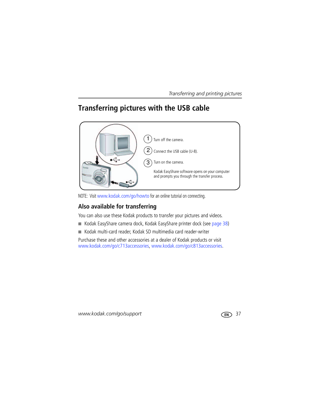 Kodak CD703 manual Transferring pictures with the USB cable, Also available for transferring 