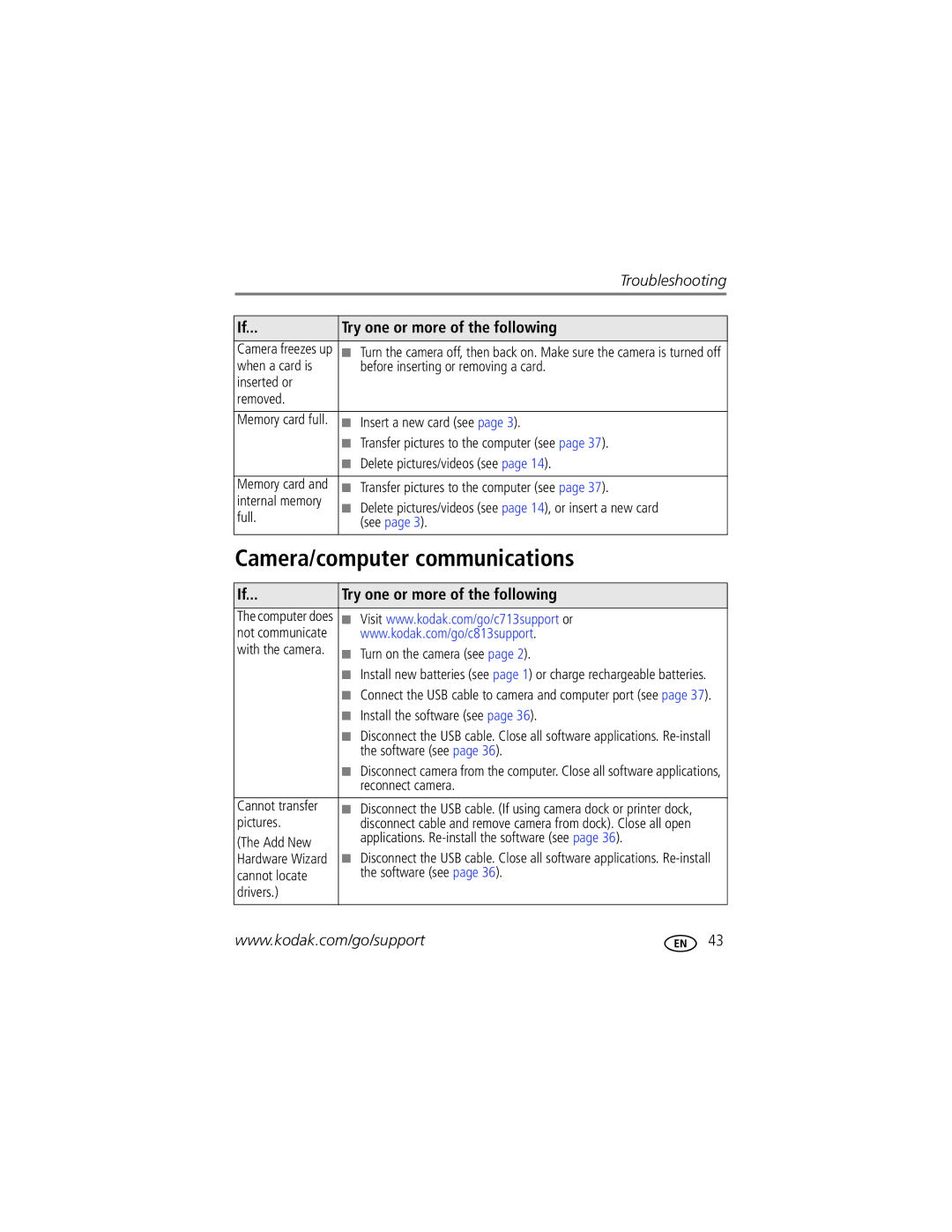 Kodak CD703 manual Camera/computer communications 