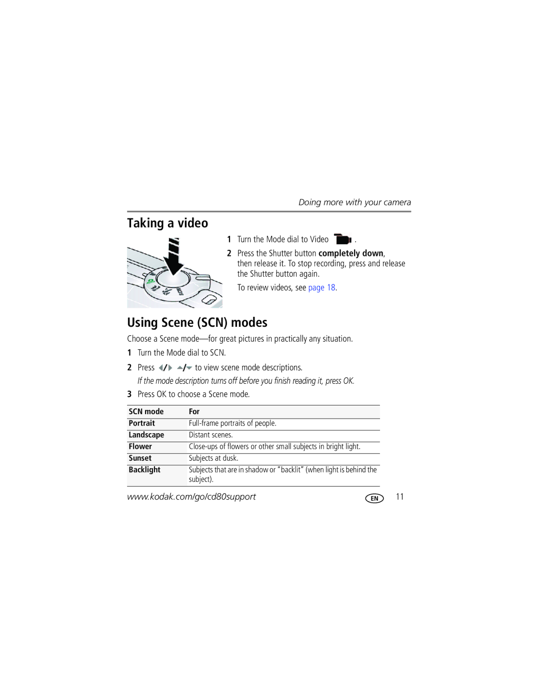 Kodak CD80 manual Taking a video, Using Scene SCN modes 