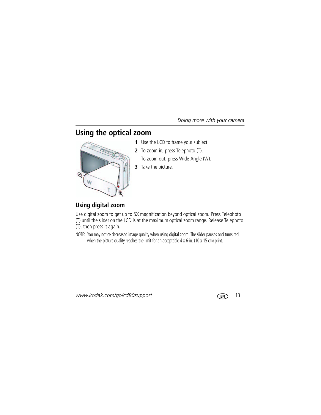 Kodak CD80 manual Using the optical zoom, Using digital zoom 