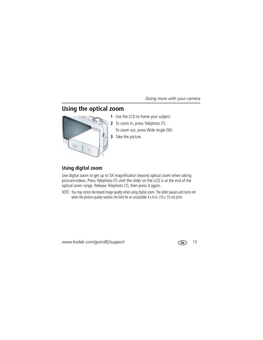 Kodak CD82 manual Using the optical zoom, Using digital zoom 