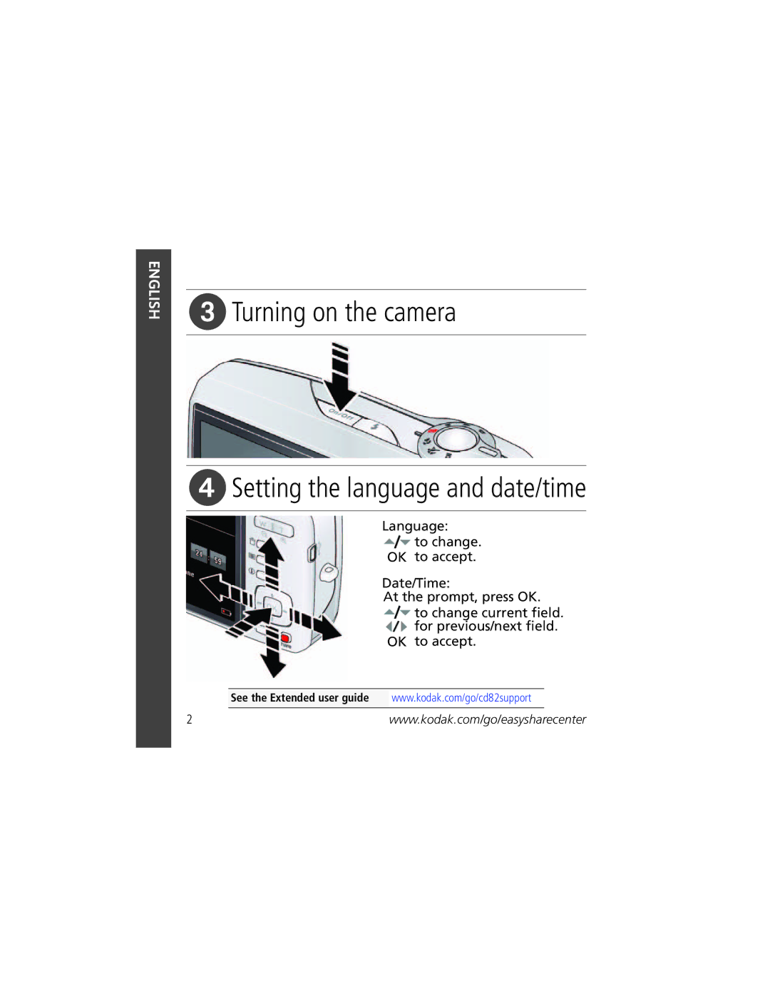 Kodak CD82 manual Turning on the camera, Setting the language and date/time 