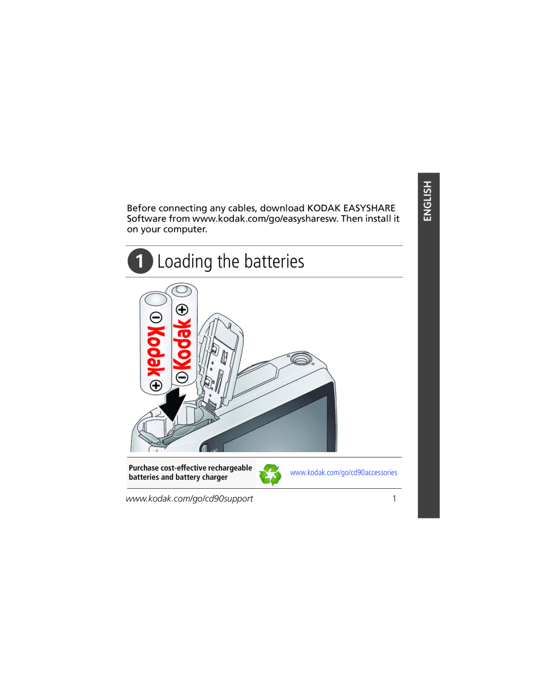 Kodak CD90 manual Loading the batteries 