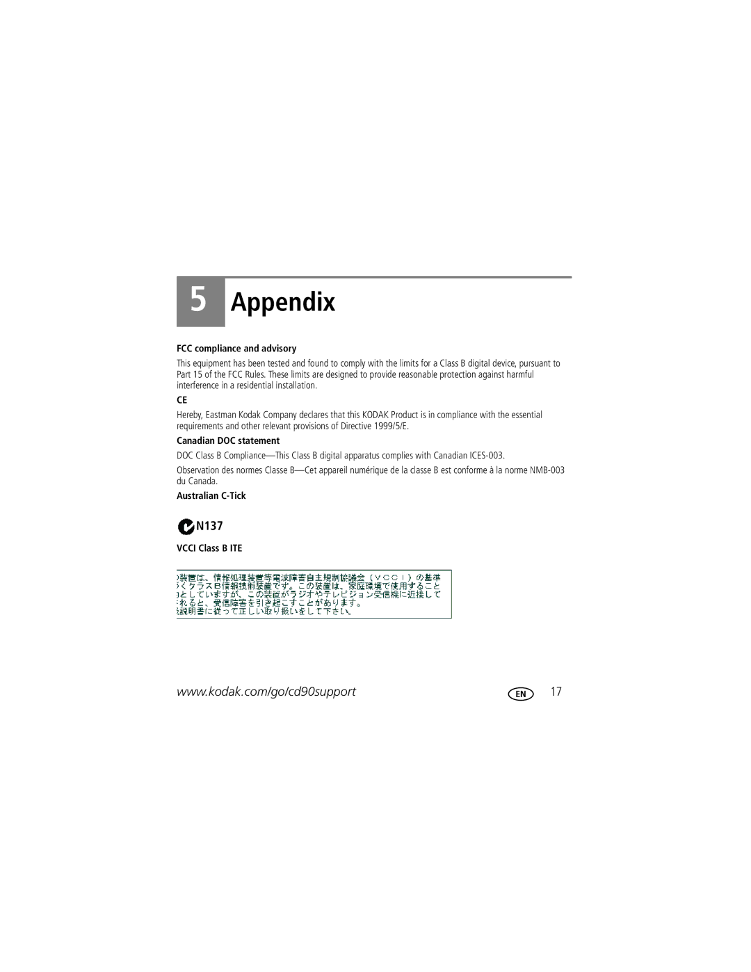 Kodak CD90 manual Appendix, FCC compliance and advisory 