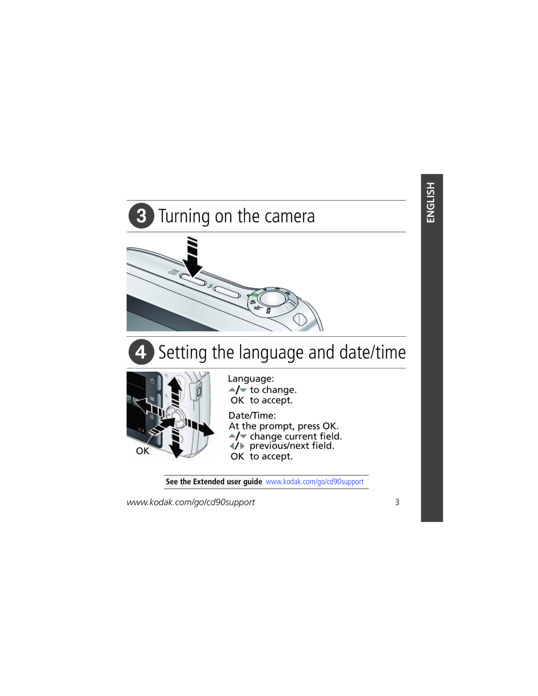 Kodak CD90 manual Turning on the camera, Setting the language and date/time 