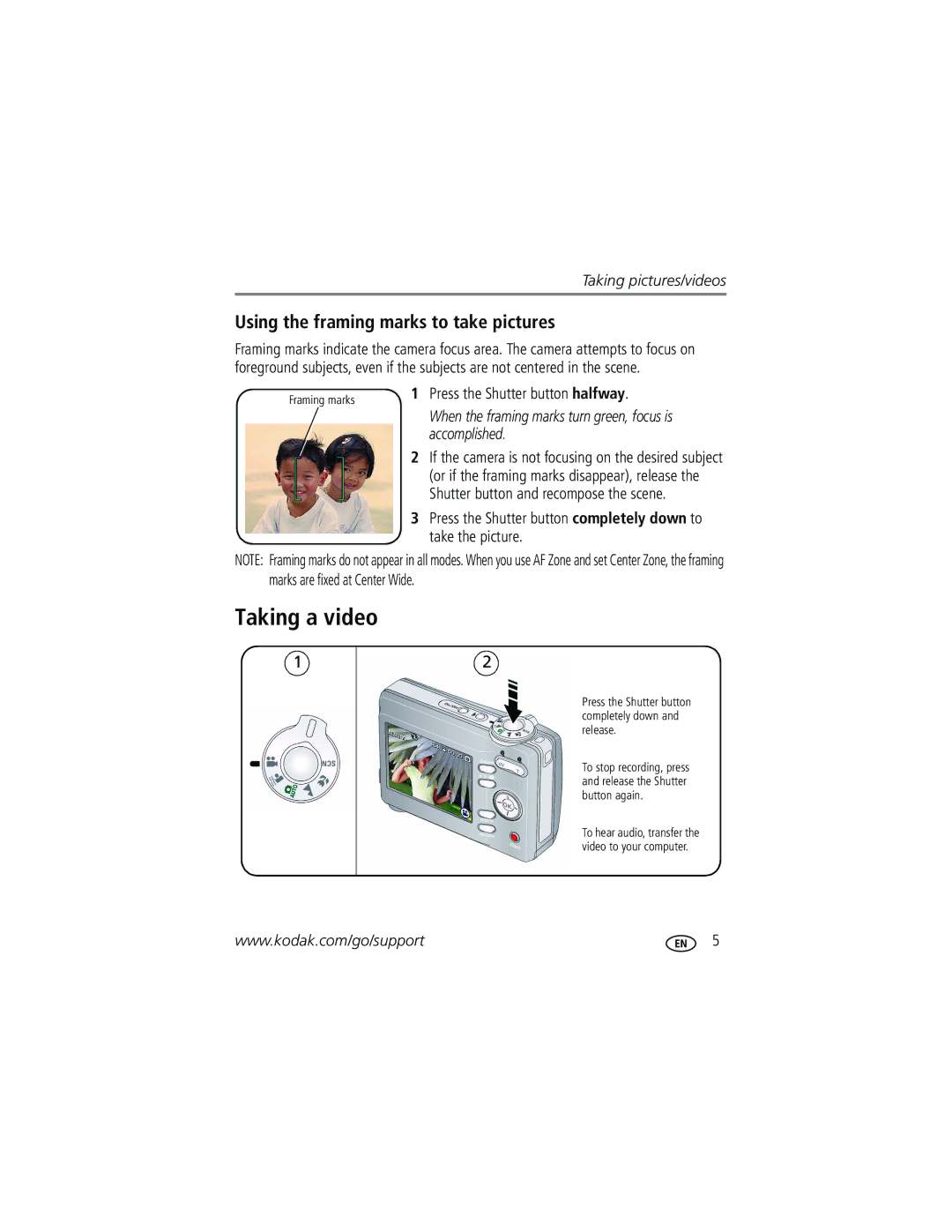 Kodak CD93 manual Taking a video, Using the framing marks to take pictures, Press the Shutter button halfway 