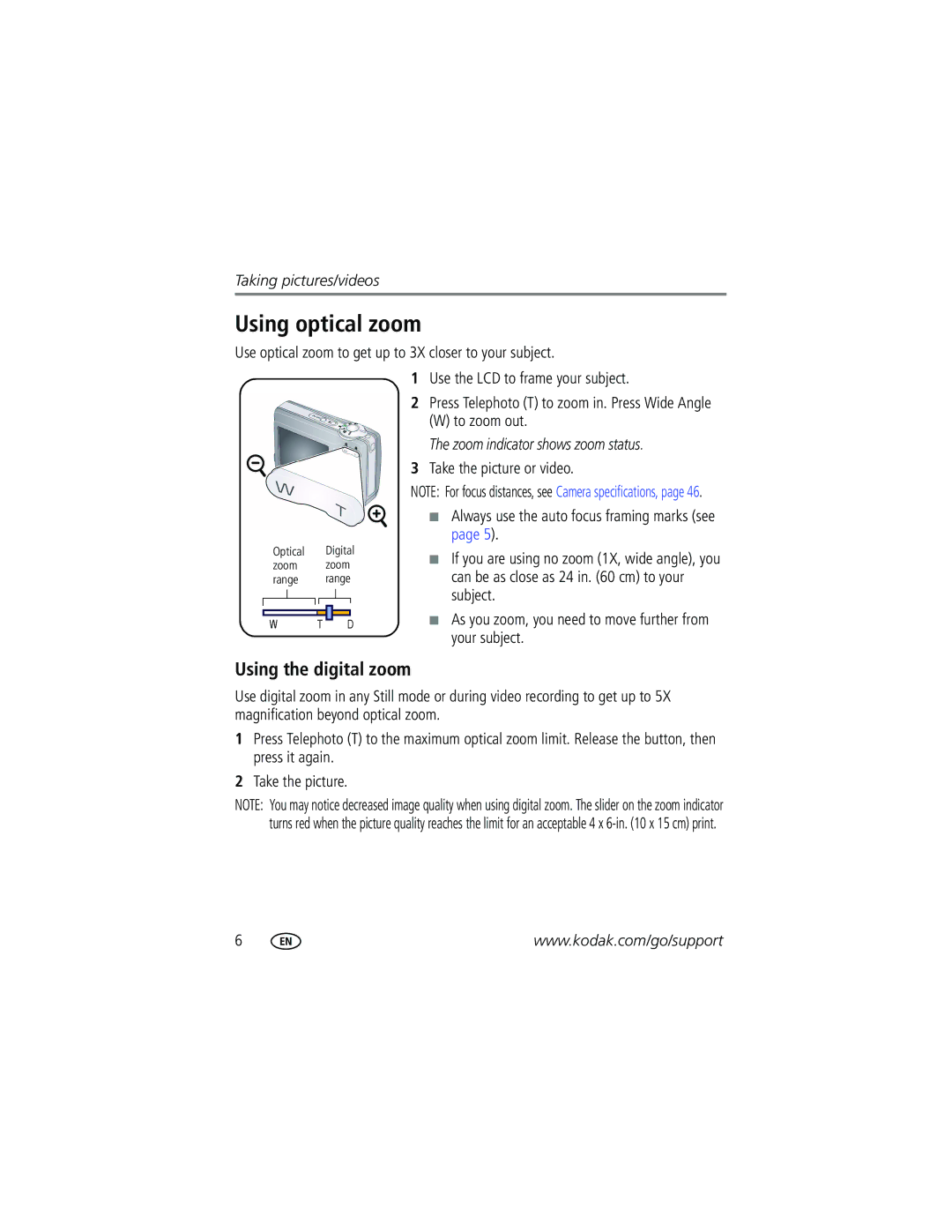 Kodak CD93 manual Using optical zoom, Using the digital zoom, Use optical zoom to get up to 3X closer to your subject 