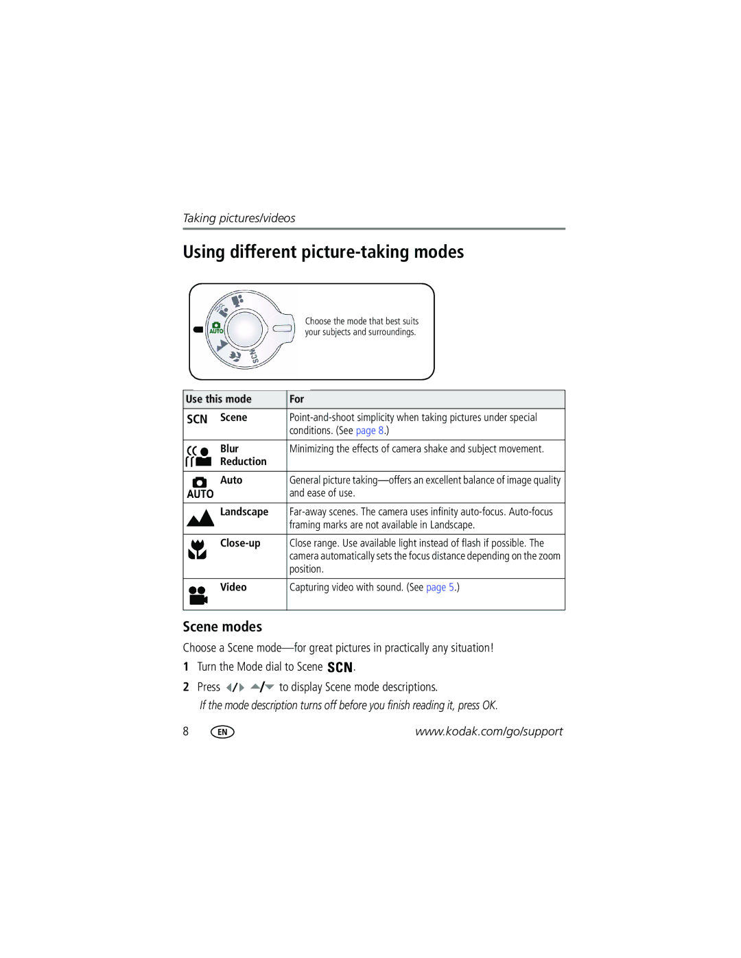 Kodak CD93 manual Using different picture-taking modes, Scene modes 