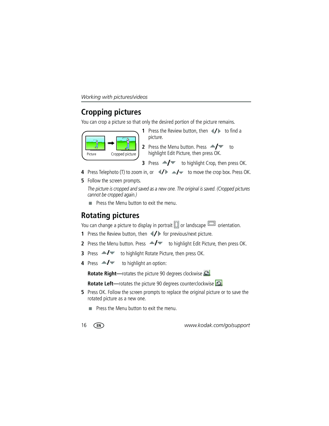 Kodak CD93 manual Cropping pictures, Rotating pictures, Press Telephoto T to zoom in, or 