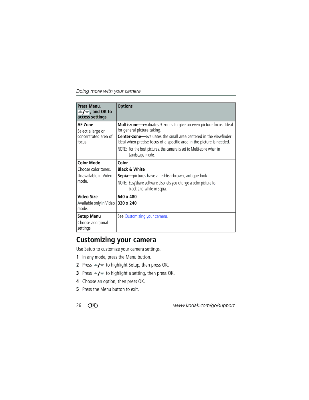 Kodak CD93 manual Customizing your camera, Landscape mode, Black-and-white or sepia 