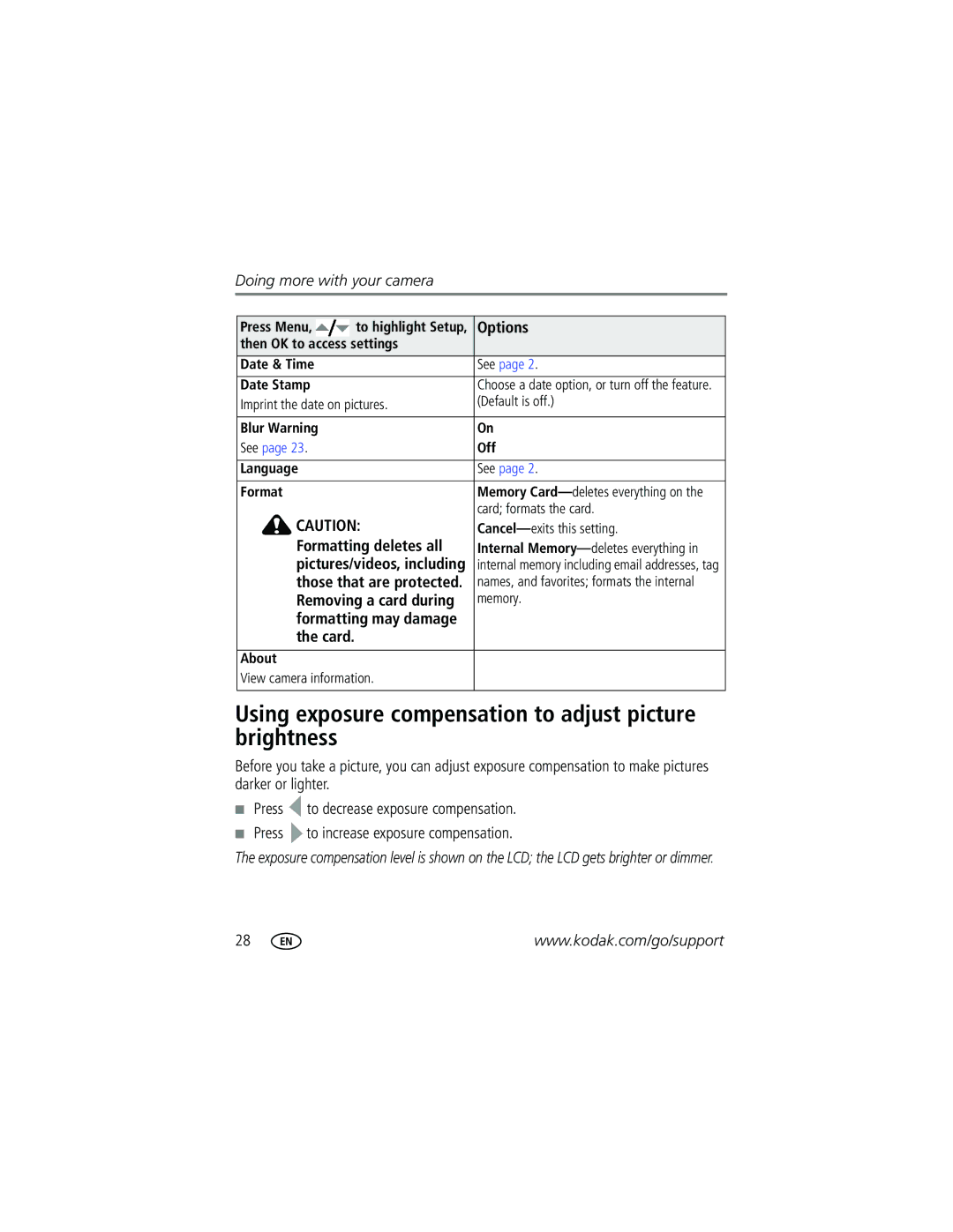 Kodak CD93 manual Using exposure compensation to adjust picture brightness, Formatting deletes all, Card 