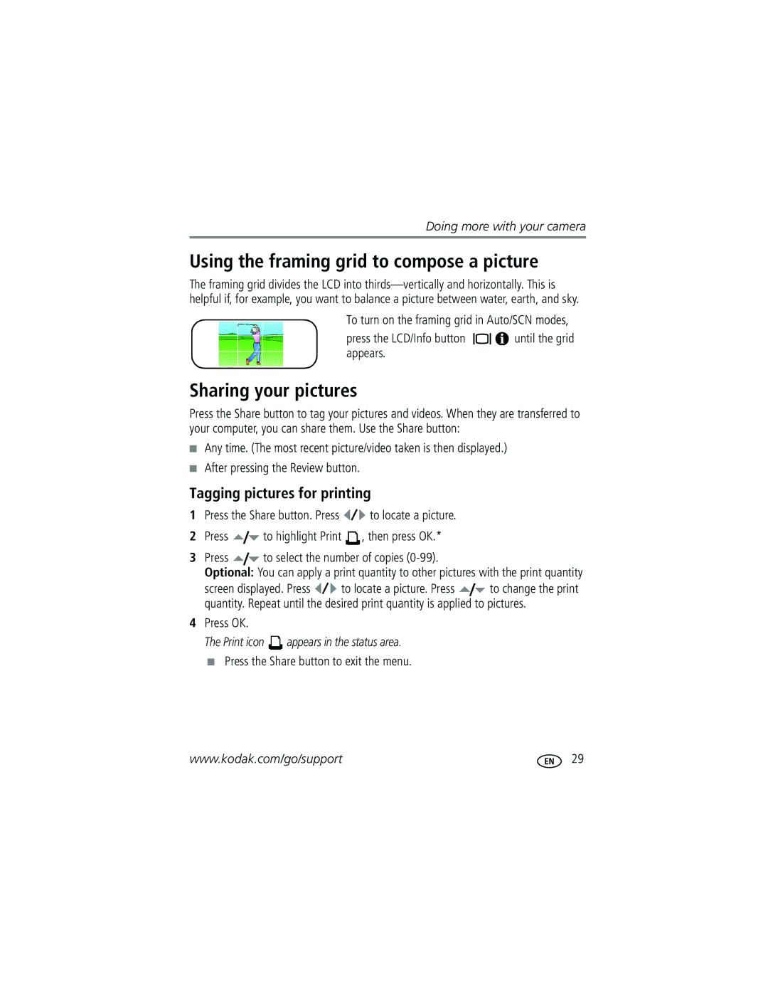 Kodak CD93 manual Using the framing grid to compose a picture, Sharing your pictures, Tagging pictures for printing 