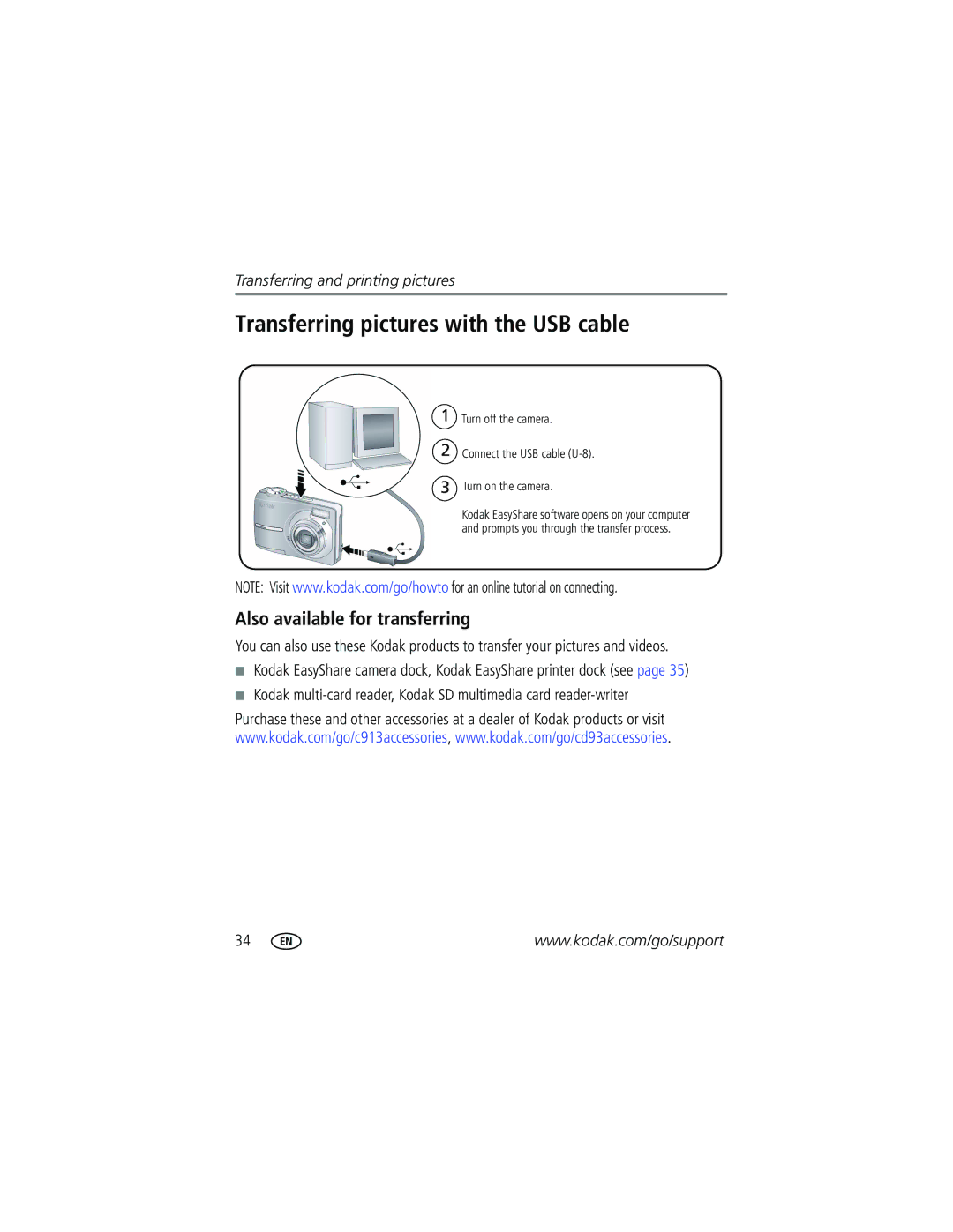 Kodak CD93 manual Transferring pictures with the USB cable, Also available for transferring 