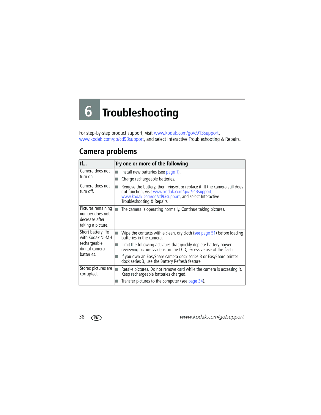 Kodak CD93 manual Camera problems, Try one or more of the following 