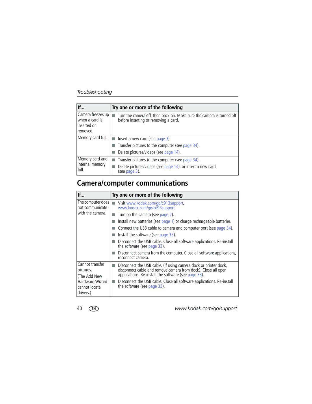 Kodak CD93 manual Camera/computer communications 