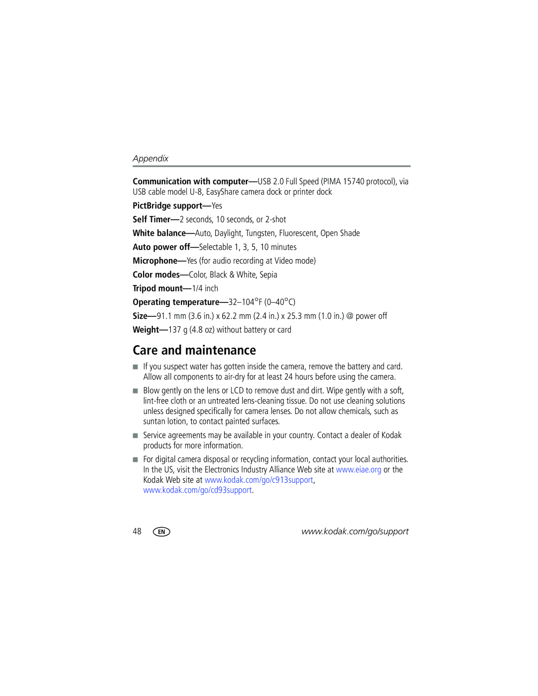 Kodak CD93 manual Care and maintenance, PictBridge support-Yes, Self Timer-2 seconds, 10 seconds, or 2-shot 