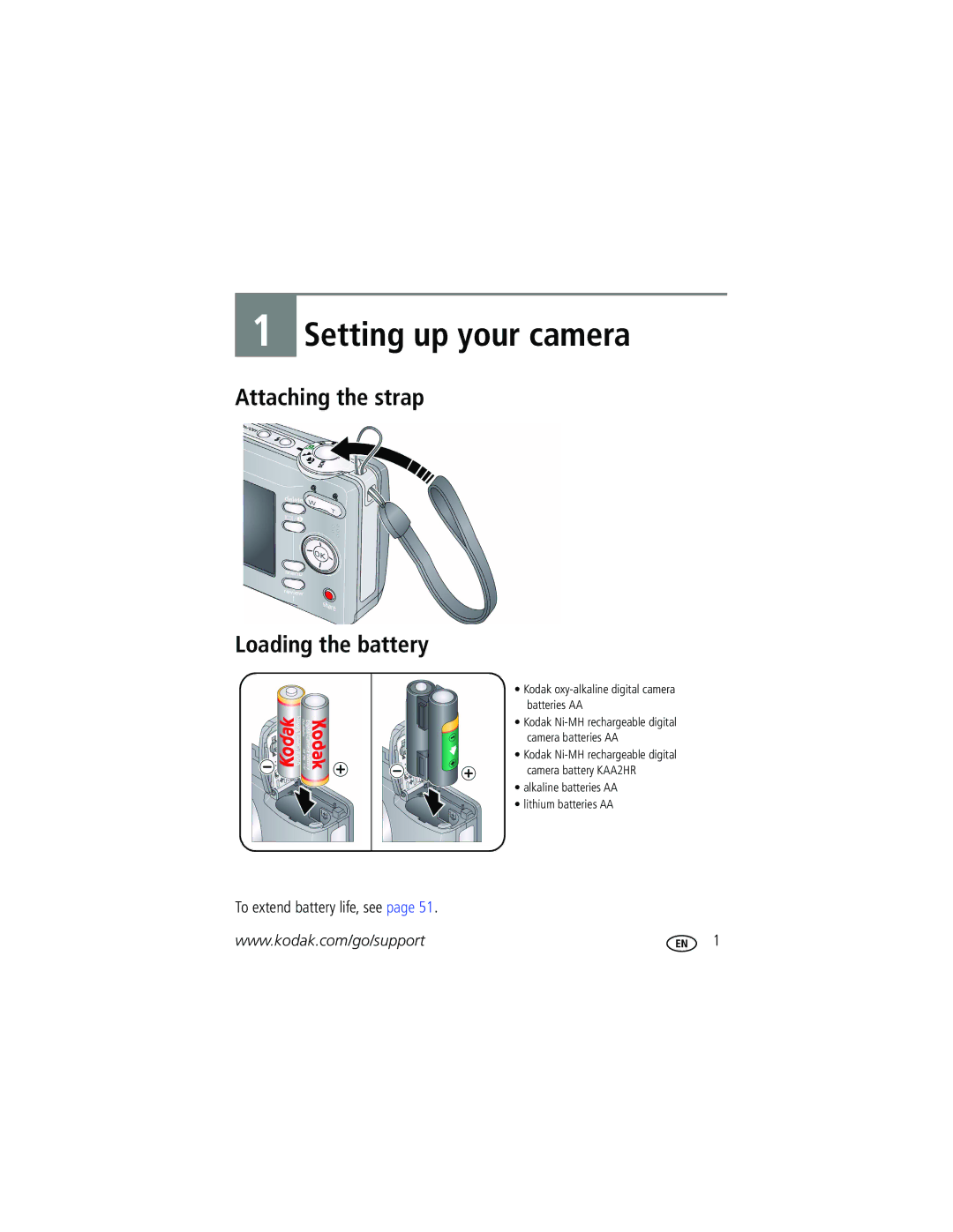 Kodak CD93 manual Attaching the strap Loading the battery, To extend battery life, see 