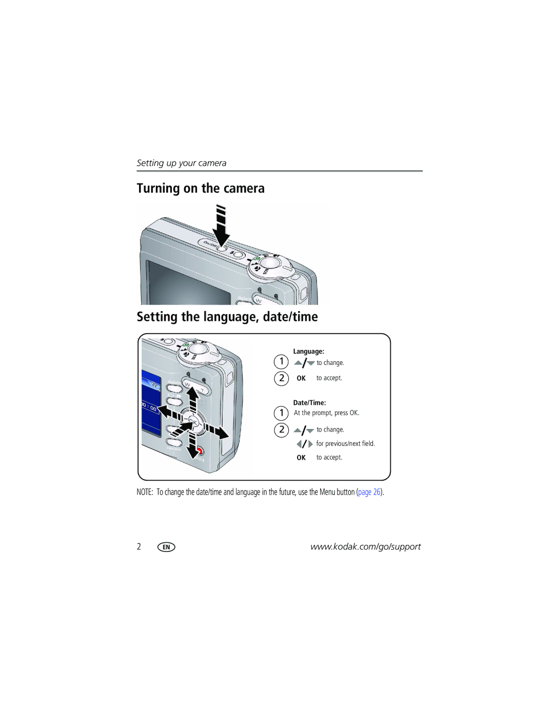 Kodak CD93 manual Turning on the camera Setting the language, date/time 