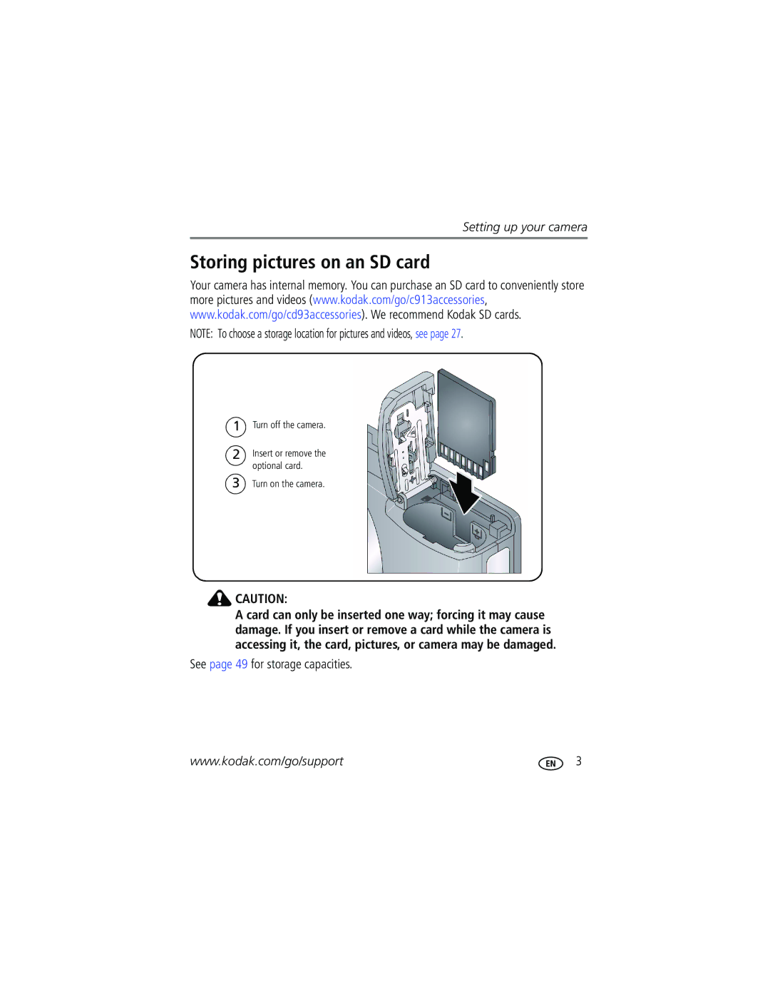 Kodak CD93 manual Storing pictures on an SD card, See page 49 for storage capacities 