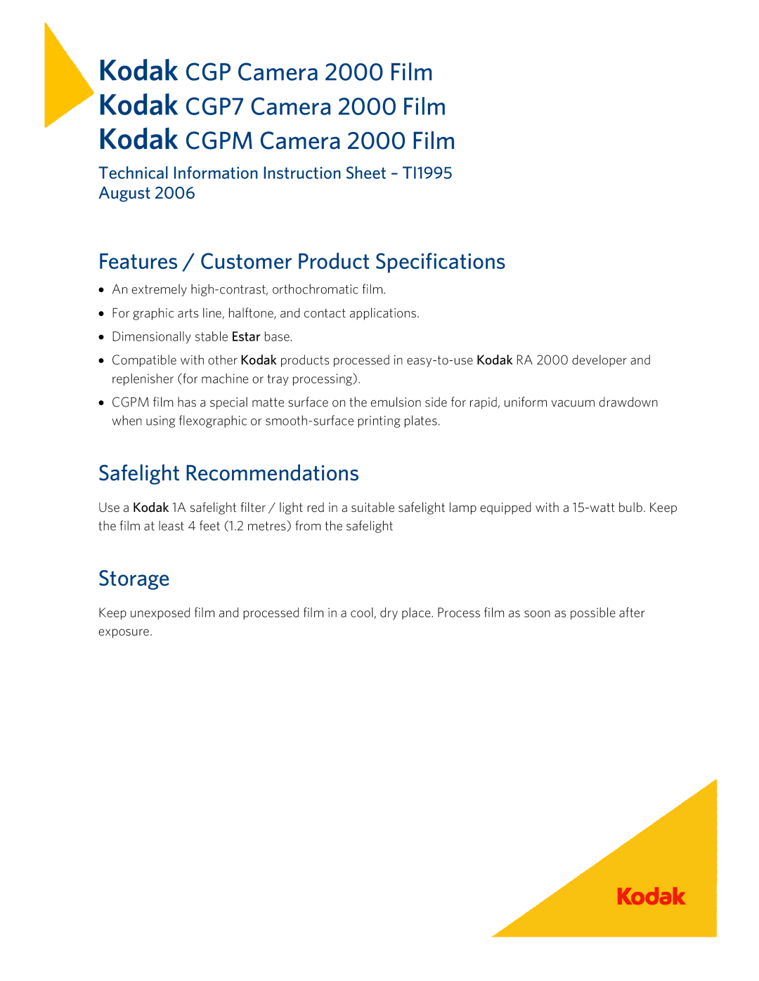 Kodak CGP7, CGPM instruction sheet Features / Customer Product Specifications, Safelight Recommendations, Storage 