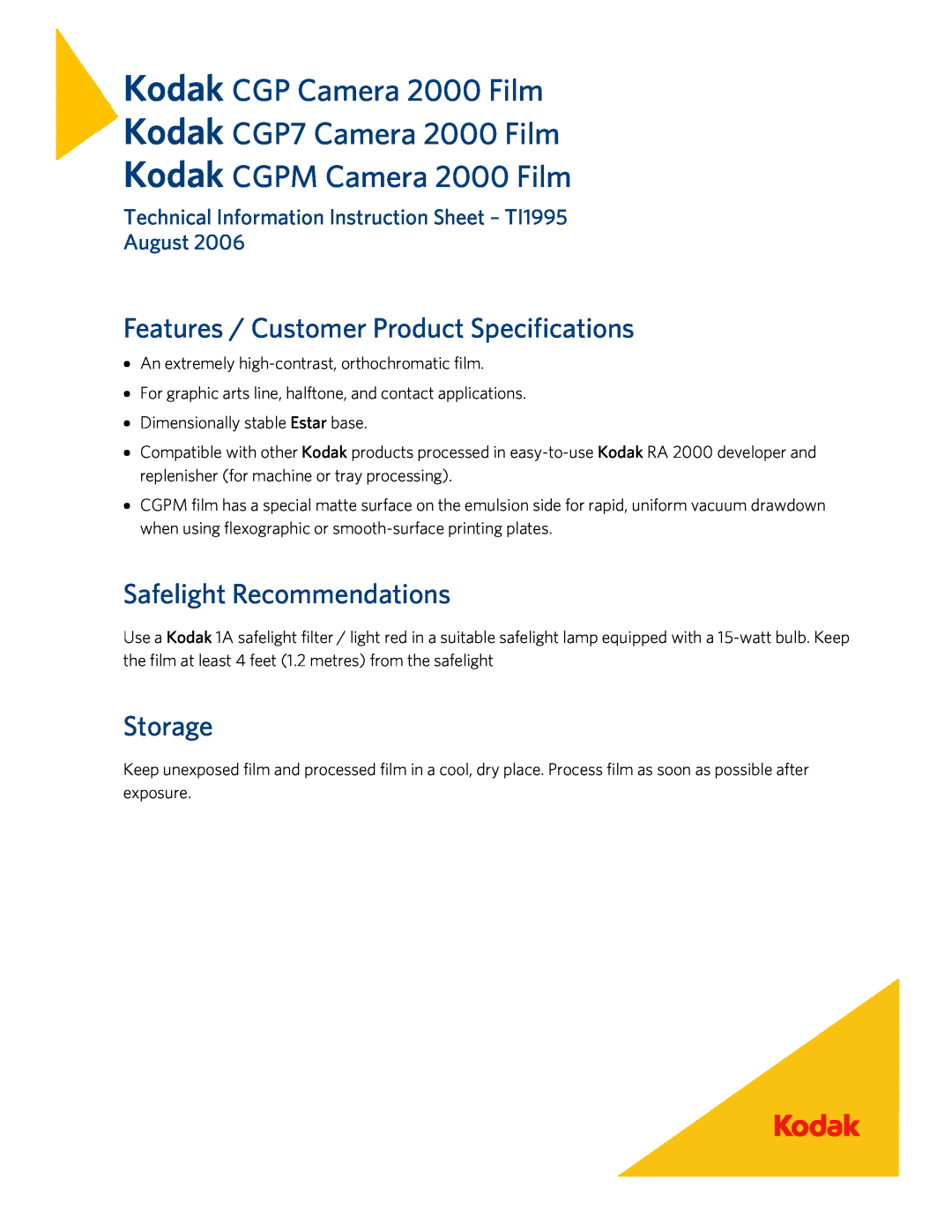 Kodak instruction sheet Kodak Kodak Kodak, CGP Camera 2000 Film CGP7 Camera 2000 Film CGPM Camera 2000 Film, Storage 