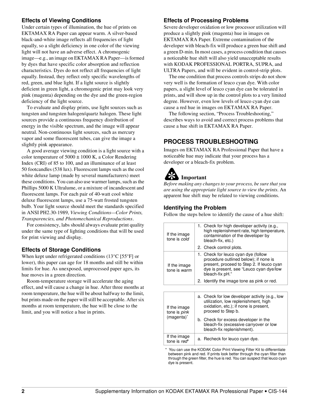 Kodak CIS-144 instruction sheet Process Troubleshooting, Effects of Viewing Conditions, Effects of Storage Conditions 