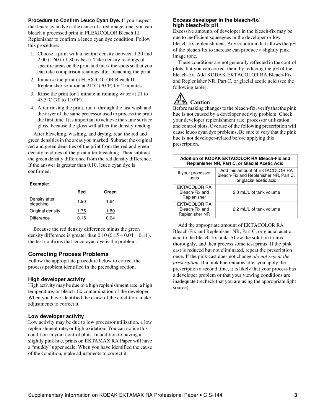 Kodak CIS-144 instruction sheet Correcting Process Problems, High developer activity, Low developer activity 