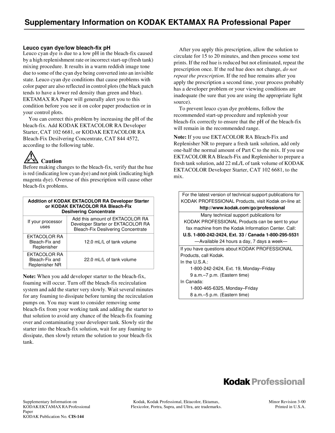 Kodak CIS-144 instruction sheet Leuco cyan dye/low bleach-fix pH 