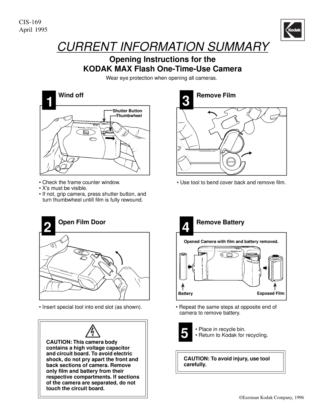 Kodak CIS-169 manual Current Information Summary, Wind off, Remove Film, Open Film Door, Remove Battery 