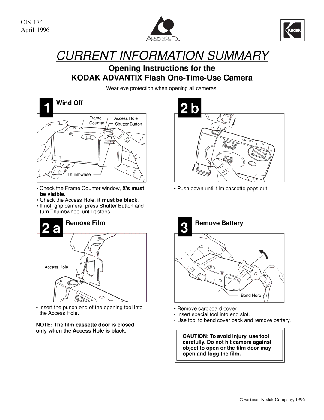 Kodak CIS-174 manual Current Information Summary, Wind Off, Remove Film, Remove Battery 