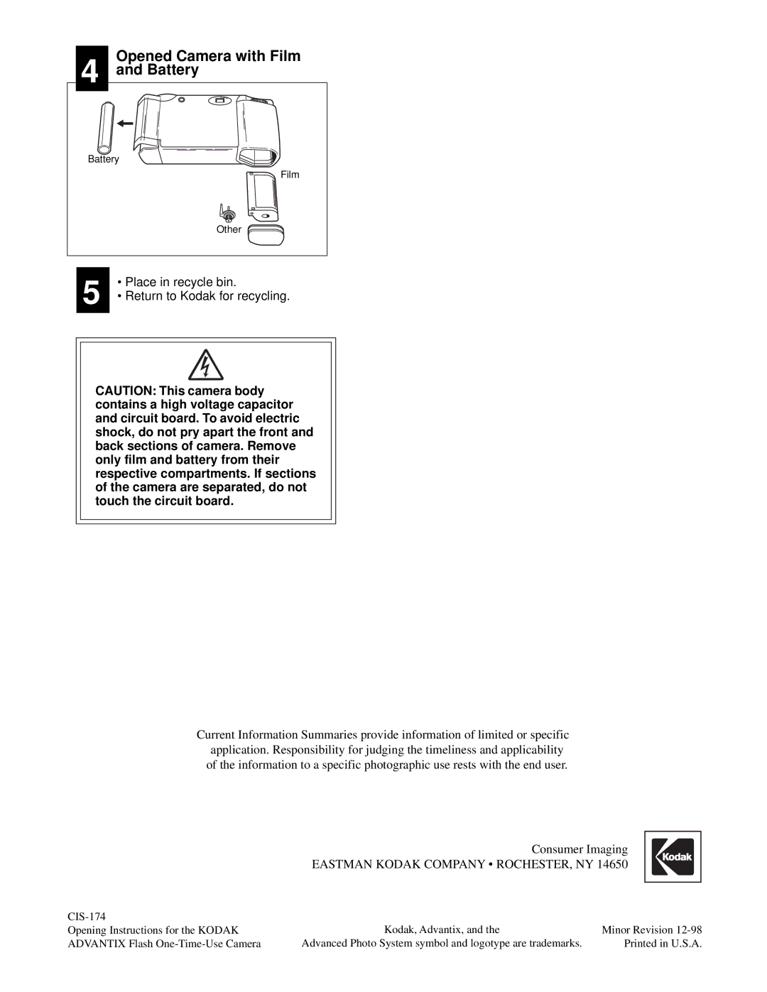 Kodak CIS-174 manual Opened Camera with Film and Battery, Place in recycle bin Return to Kodak for recycling 