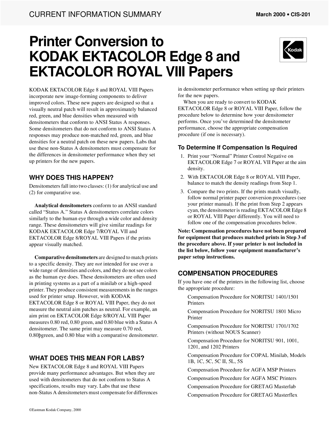 Kodak specifications To Determine If Compensation Is Required, March 2000 CIS-201 