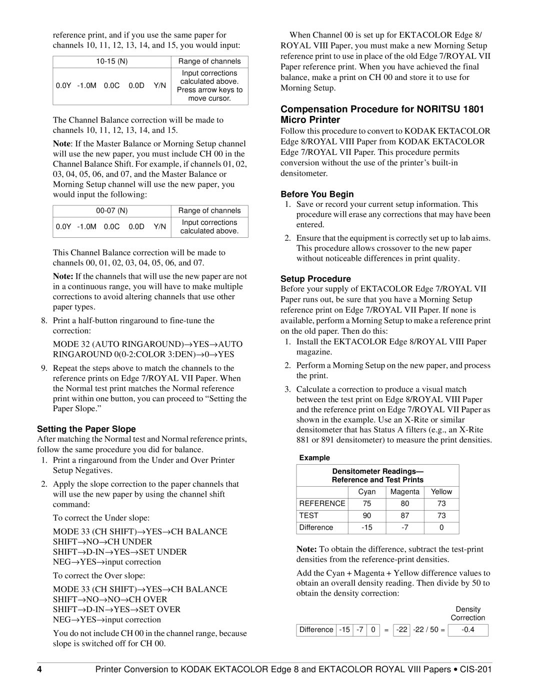 Kodak CIS-201 specifications Compensation Procedure for Noritsu 1801 Micro Printer, Before You Begin, Setup Procedure 