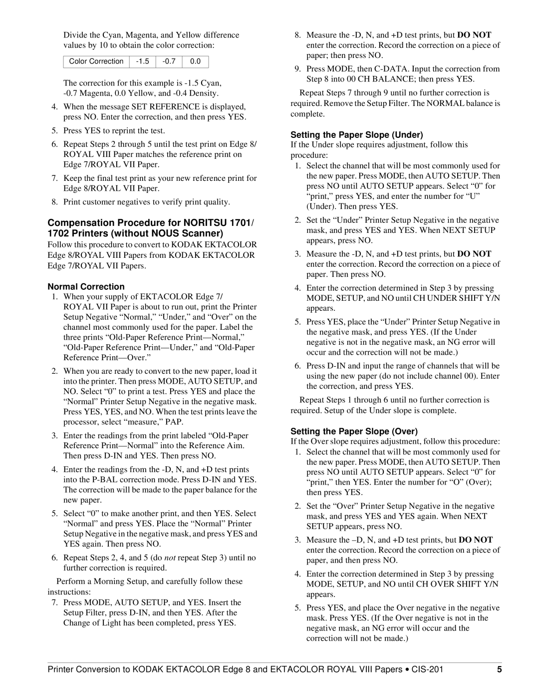 Kodak CIS-201 specifications Normal Correction, Setting the Paper Slope Under, Setting the Paper Slope Over 