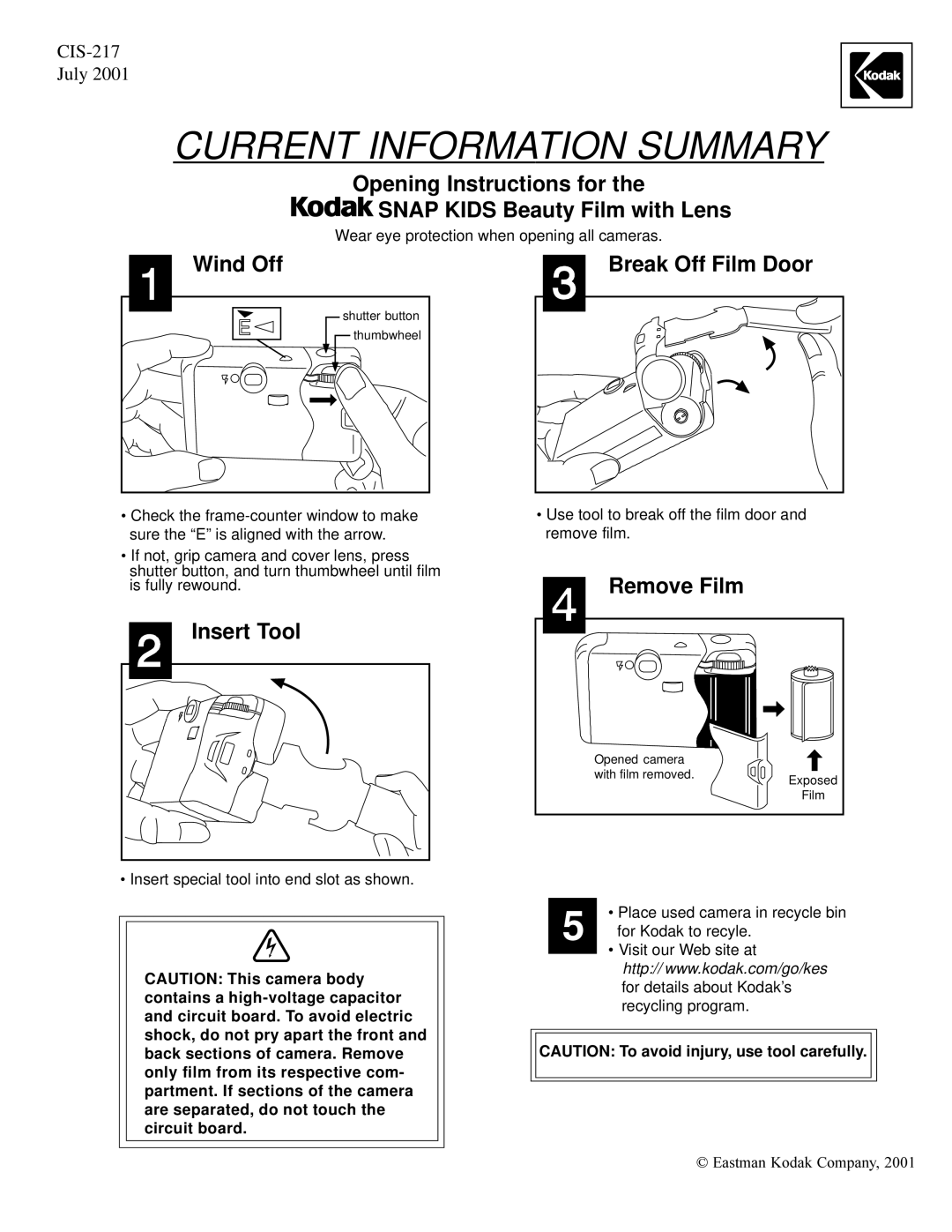 Kodak CIS-217 manual Current Information Summary, Opening Instructions for Snap Kids Beauty Film with Lens, Wind Off 