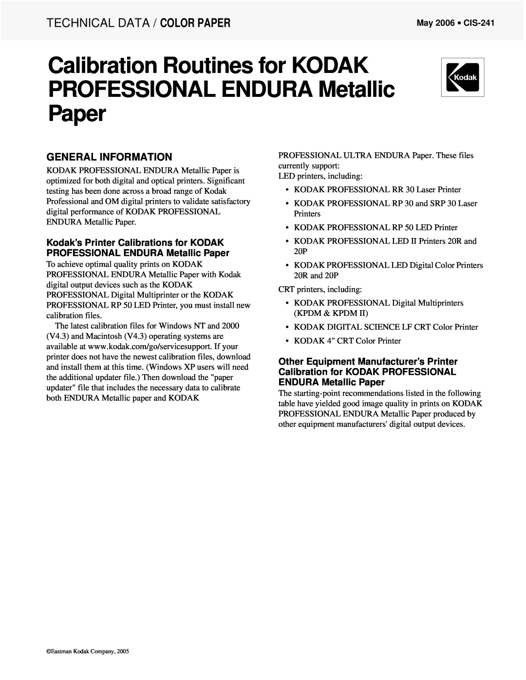 Kodak manual Technical Data / Color Paper, General Information, May 2006 CIS-241 