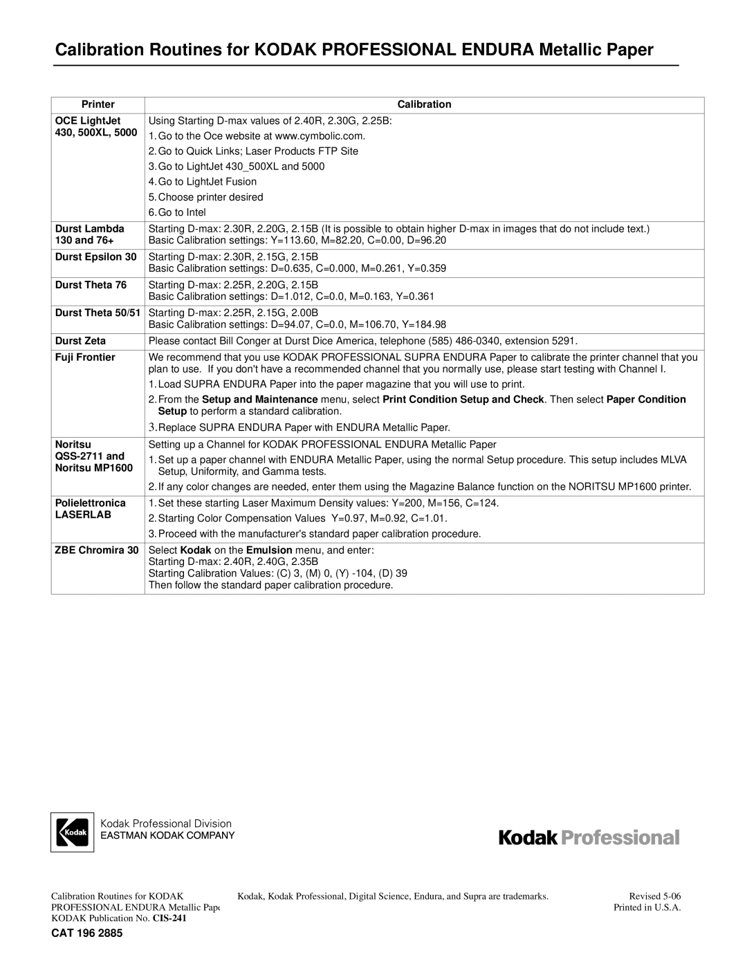 Kodak CIS-241 Printer Calibration OCE LightJet, 430, 500XL, Durst Lambda, 76+, Durst Epsilon, Durst Theta, Durst Zeta 