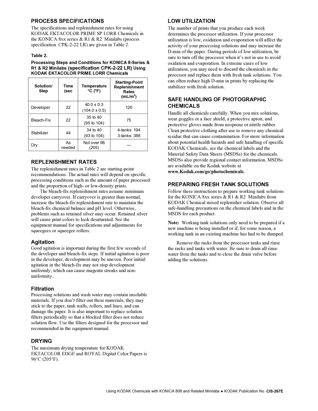 Kodak CIS-267E manual Process Specifications, Replenishment Rates, Drying, LOW Utilization 