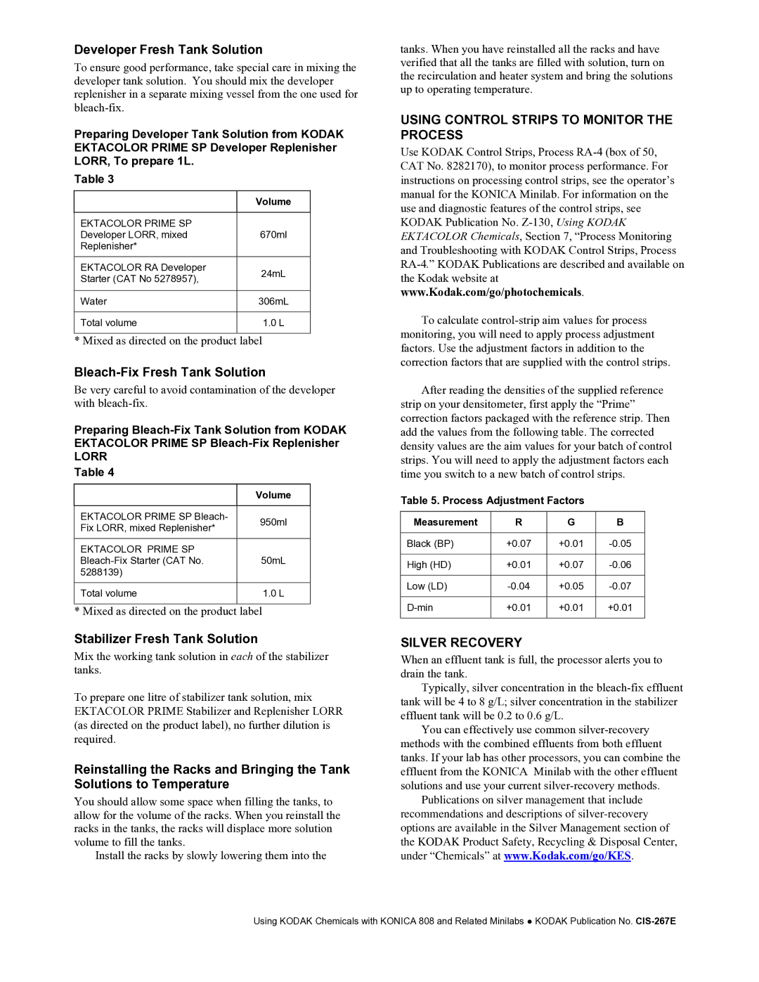 Kodak CIS-267E manual Developer Fresh Tank Solution, Bleach-Fix Fresh Tank Solution, Stabilizer Fresh Tank Solution 