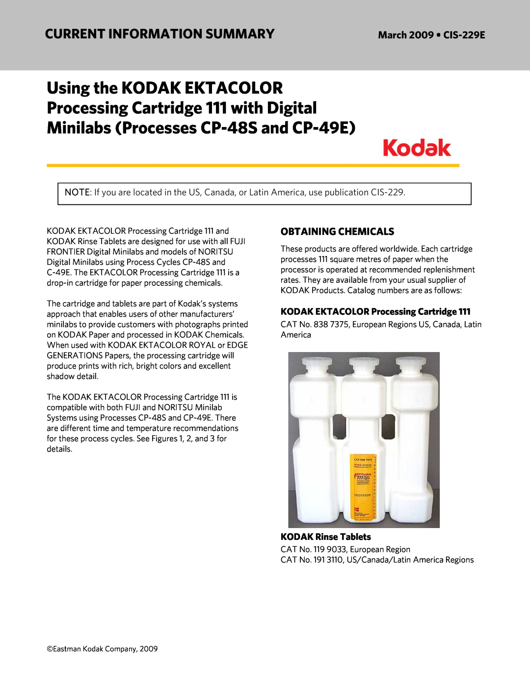 Kodak CP-48S manual March 2009 CIS-229E, Obtaining Chemicals, KODAK EKTACOLOR Processing Cartridge, KODAK Rinse Tablets 