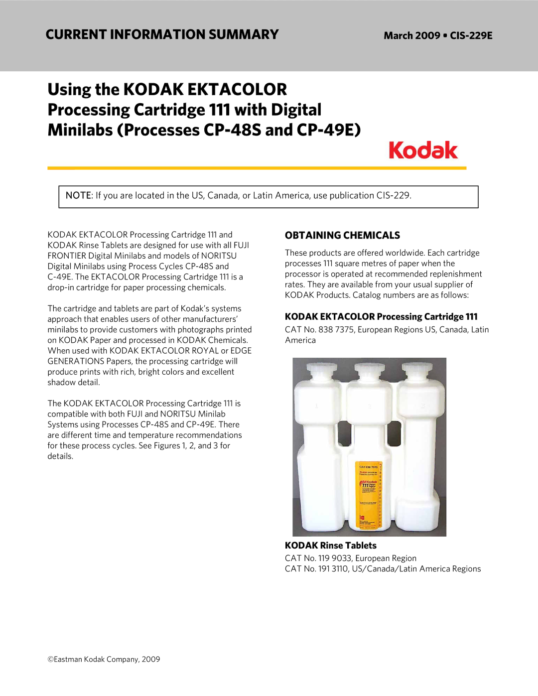 Kodak CP-48S manual Obtaining Chemicals, Kodak Rinse Tablets 