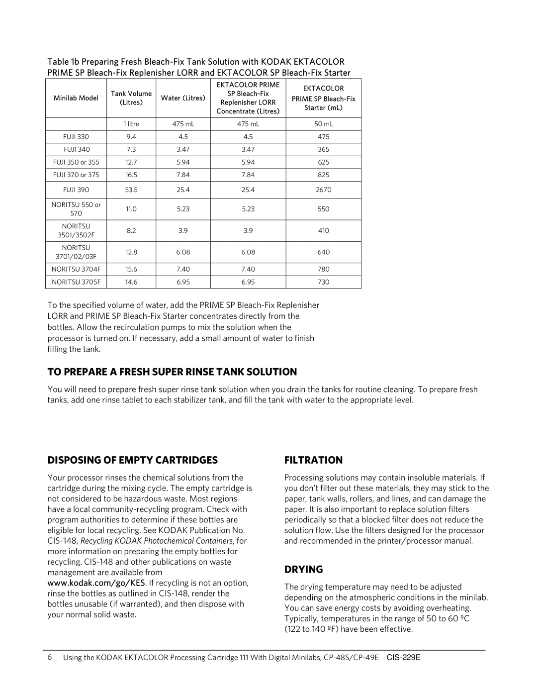 Kodak CP-48S manual To Prepare a Fresh Super Rinse Tank Solution, Disposing of Empty Cartridges Filtration, Drying 