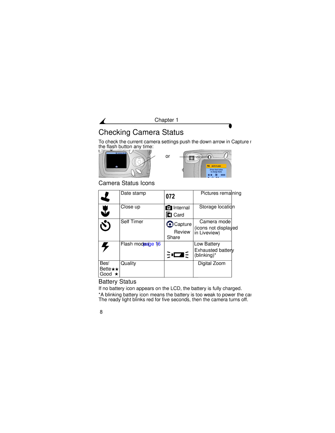 Kodak CX4210 manual Checking Camera Status, Camera Status Icons, Battery Status 