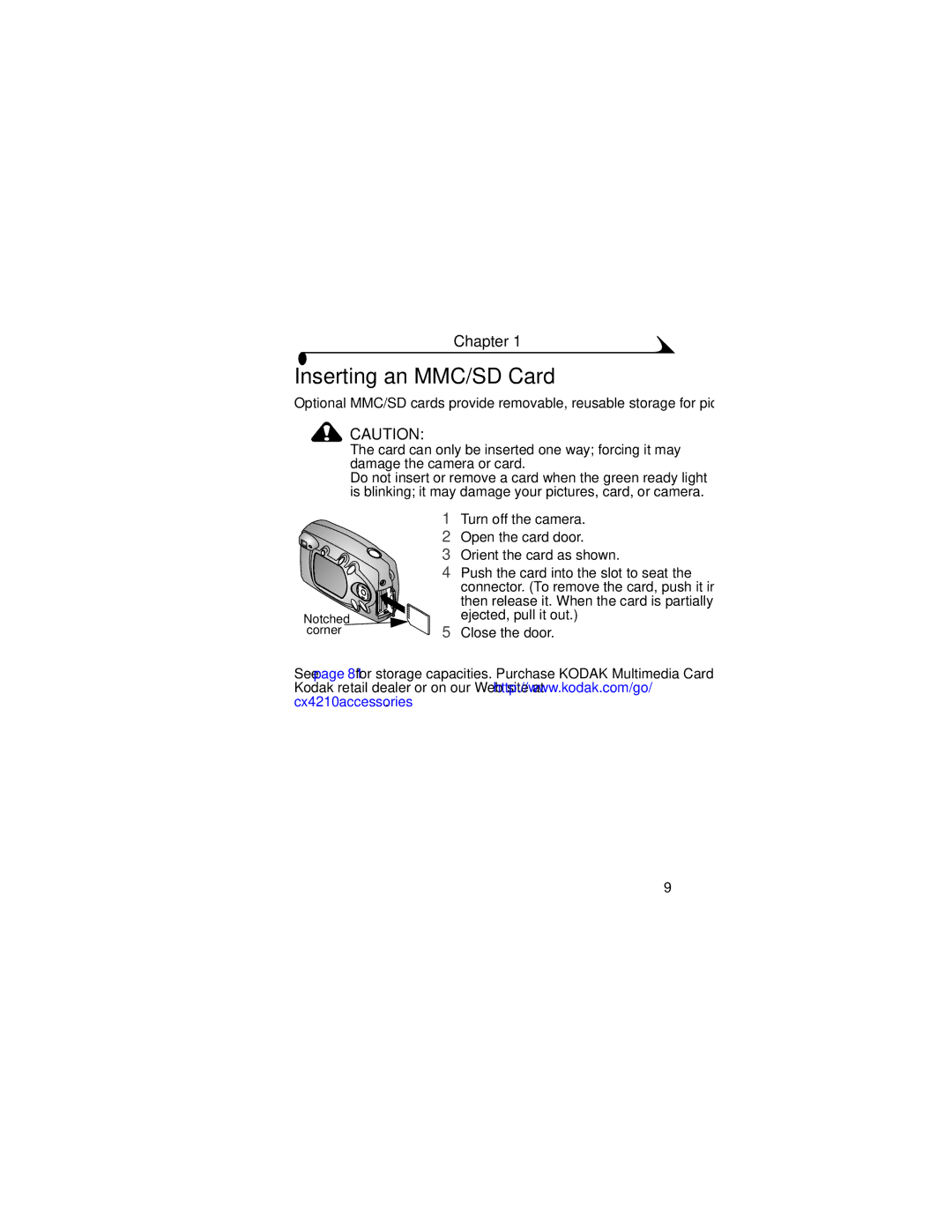 Kodak CX4210 manual Inserting an MMC/SD Card 